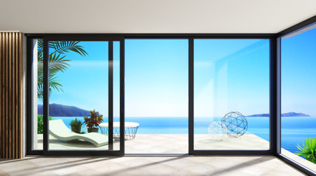 Automatic black sliding doors sea villa patio facade mockupの写真素材