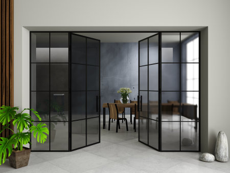 Modern black loft glass door in the roomの写真素材