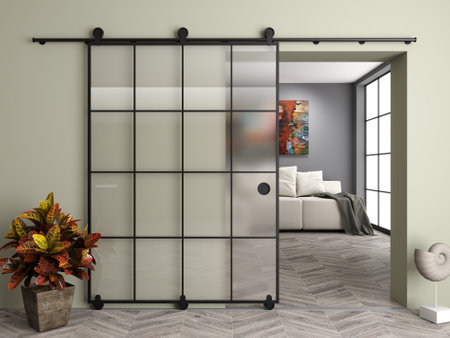 Modern sliding glass door in the roomの写真素材