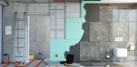 3d illustration. Concept wide background wallpaper wall apartment renovation. Construction process with stagesの写真素材
