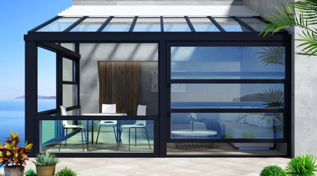 3D illustration. The facade mockup of a modern sea villa patio with automatic black sliding guillotine lifting doors or greenhouseの写真素材
