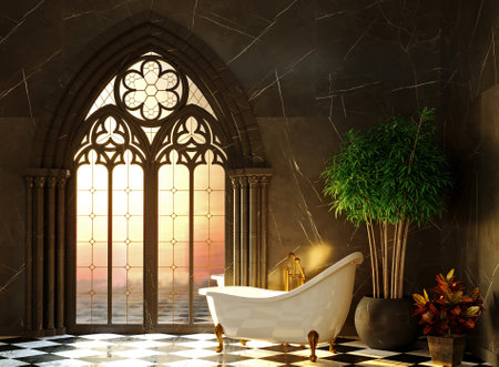 3d illustration. Royal white marble bathroom with a gothic window in a castle on the sea. interior concept.の写真素材
