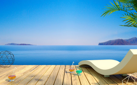 3d illustration. Sun loungers on the resort terrace or deck of the yacht. Bar with cocktails or drinks. relaxationの写真素材