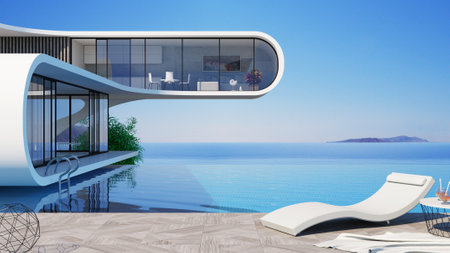 3d illustration. Concept of a futuristic modern seafront villa with a swimming pool. Minimalism style, constructivismの写真素材