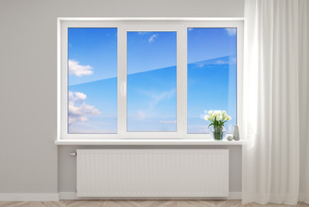 3d illustration. The open white modern plastic window in the room.の写真素材