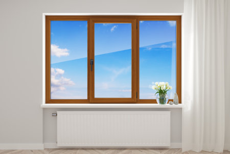 3d illustration. The open wooden modern plastic window in the room.の写真素材