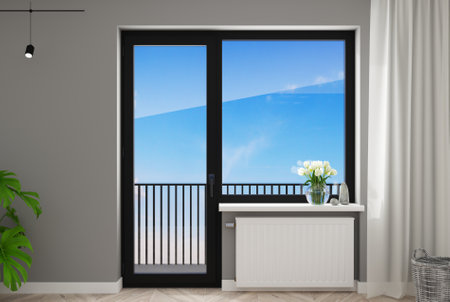 3d illustration. The open black modern plastic door with window in the room.の写真素材