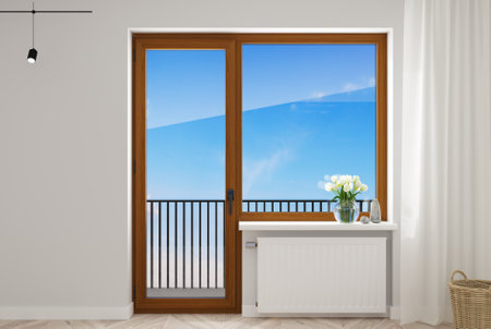 3d illustration. The open wooden modern plastic door with window in the room.の写真素材