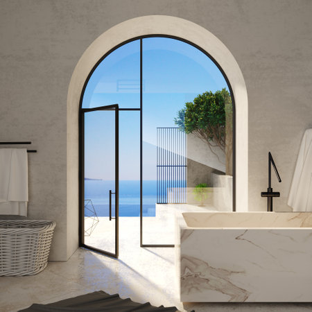 3d illustration. Arched door of a classic mediterranean villa and bathroomの写真素材