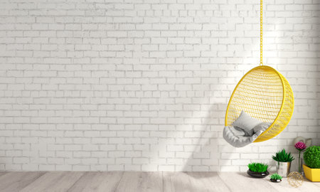 3d illustration. Modern white interior in loft style hanging chair cocoon background old wall. Furniture and shelves. Bookcase. Studio for creativityの写真素材