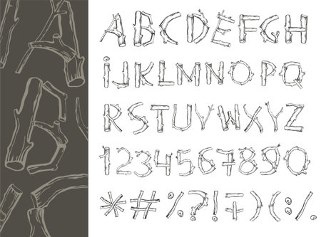 Art font of wood chucks and sticks, twigs, leaves. vector graphics. Numbers and lettersのイラスト素材