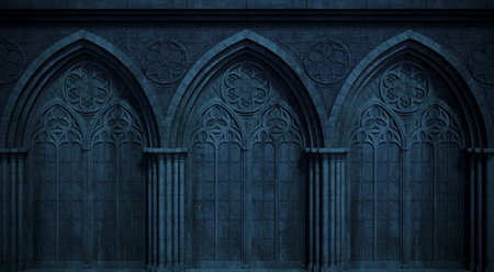 3d illustration. Abandoned night castle with a large gothic window or crypt. cathedral medieval architectureの写真素材
