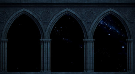 3d illustration. Gothic castle with arcade and night sky. space architecture conceptの写真素材
