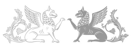 vector template. Antique vintage griffin or sphinx silhouette in setのイラスト素材