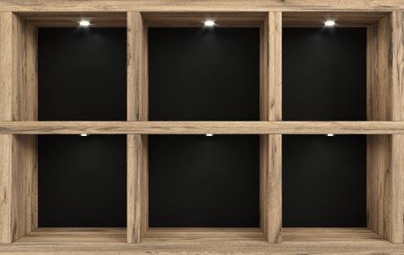 Wall of store with wooden shelvesの写真素材