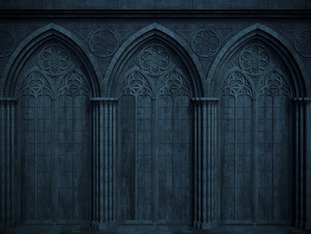 Abandoned night castle with a large gothic window or cryptの写真素材