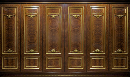 Classic wall of oak gold wood panelsの写真素材