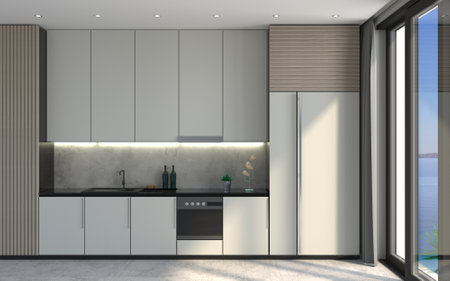 Modern white kitchen scandinavian style loft facadeの写真素材