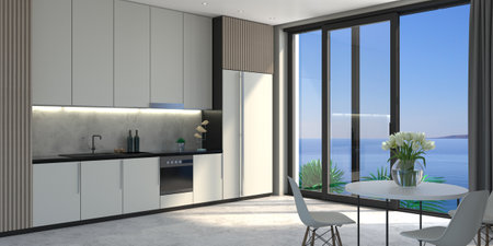 Modern white kitchen scandinavian style loft facadeの写真素材