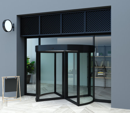 Automatic modern black rotating doors office mockupの写真素材
