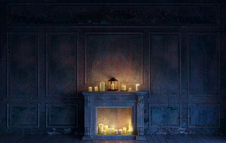 Fireplace and candles in an abandoned castleの写真素材