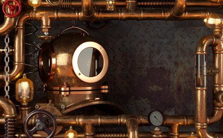 Background dark wall loft steampunk lamp from pipes