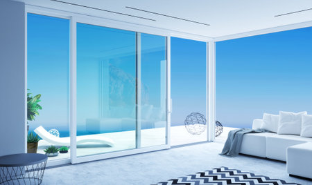 Automatic white sliding doors sea villa patio facade mockupの写真素材
