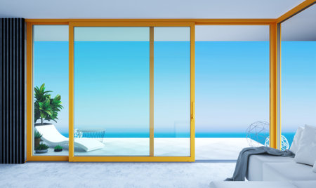 Automatic sliding doors sea villa patio facade mockupの写真素材