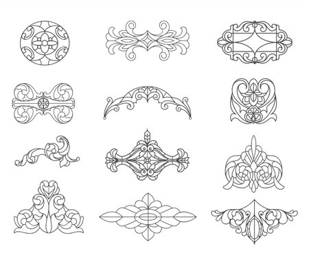 Collection of elegant vintage ornamental decorations and floral design elements in classic engraving style. Perfect for invitations, certificates, frames, logos, packaging, and luxury branding projects.のイラスト素材