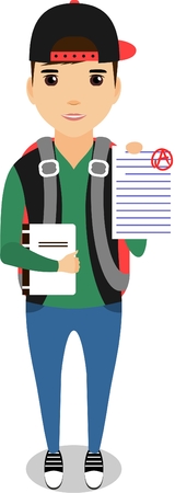 A schoolboy in a cap and with a portfolio. Schoolboy with book in hand. After the testのイラスト素材