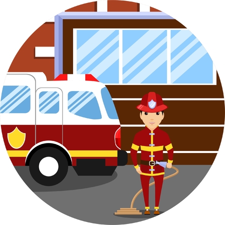 Firefighter near the firehouse. Firefighter with a hose in his hand. Fire engineのイラスト素材