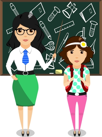 Teacher and student facing the board. Teacher shows pointer on the board. Schoolgirl with briefcaseのイラスト素材