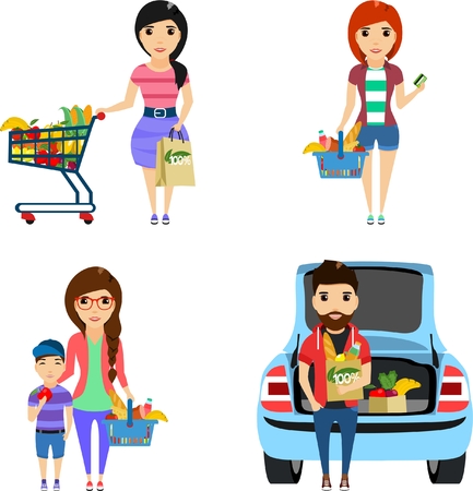 Set of illustrations. Young people are shopping in a supermarket. Eco friendly products. Isolated on white background. Happy people.のイラスト素材