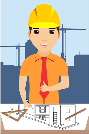 The concept of an engineer working on a home project. Engineer on the background of the city. Cartoon illustration.のイラスト素材