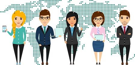 The concept of a young business team stands on world map background. Businessmen with gadgets in their hands. Happy peopleのイラスト素材