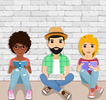 The concept of actively reading people. Young people sitting on the floor reading a book with enthusiasm. Happy peopleのイラスト素材