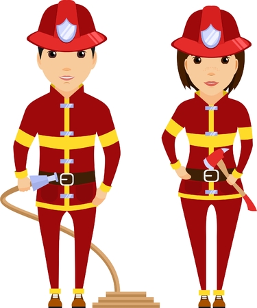 Man and woman firefighters. Guy firefighter with the hose in his hand. Girl Firefighter with an ax in his handのイラスト素材