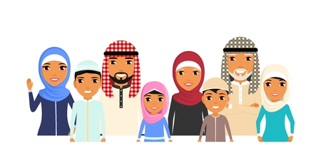 Large family of ethnic Arabs. Portrait style. Grandmother, grandfather, mother, father, brothers and sisters. Different generations. In flat style on white background. Cartoon.のイラスト素材