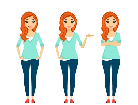 Young girl, set. The girl with red hair is in different poses. Flat style on white background. Cartoon.のイラスト素材