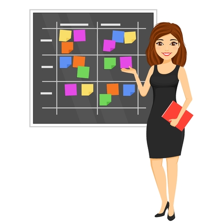 Business concept. A young girl, a businessman stands near the work schedule. Office worker. Business and Finance. Flat style on white background. Cartoon.のイラスト素材
