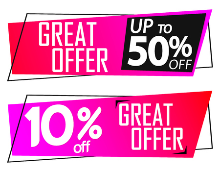 Great offer, sale banners, up to 10 and 50% off, discount tags design template, vector illustrationのイラスト素材
