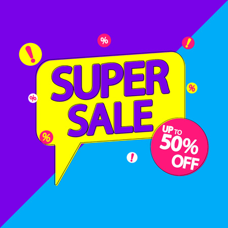 Super Sale, speech bubble banner design, up to 50% off, discount tag, vector illustrationのイラスト素材