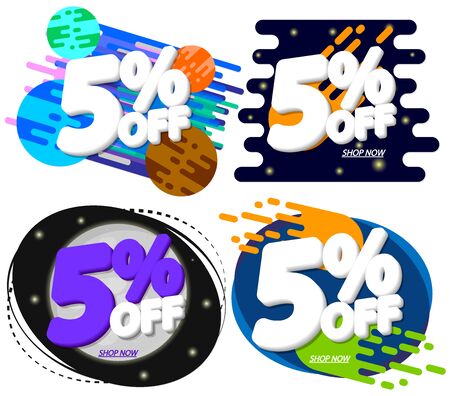Set Sale 5% off, discount banners design template, extra promo tags, space offers, vector illustrationのイラスト素材