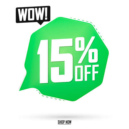 Sale 15% off tag, speech bubble banner design template, discount tag, lowest price, app icon, vector illustrationのイラスト素材