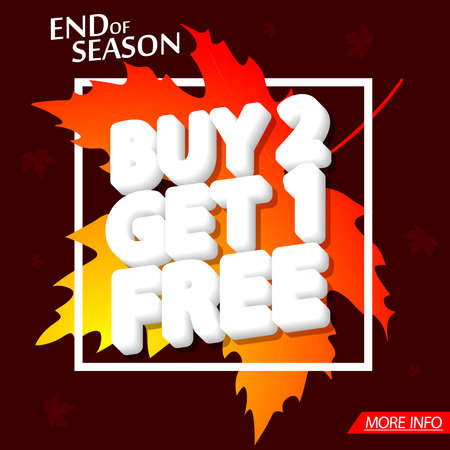 Buy 2 Get 1 Free, Autumn Sale poster design template, Fall discount banner, special offer, vector illustrationのイラスト素材