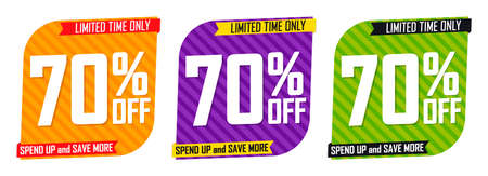Set Sale 70% off banners, discount tags design template, vector illustration