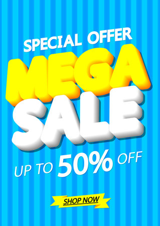 Mega Sale, up to 50% off, discount poster design template, special offer, spend up and save more, promotion banner, end of season, vector illustrationのイラスト素材