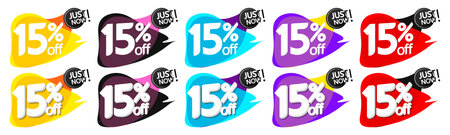 Set Sale 15% off banners, discount tags design template, promo app icons, extra deals, lowest price, vector illustrationのイラスト素材