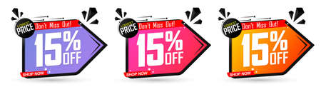 Set Sale 15% off banners, discount tags design template, promo app icons, extra deals, lowest price, vector illustrationのイラスト素材