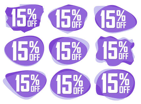Set Sale 15% off banners, discount tags design template, promo app icons, extra deals, lowest price,...